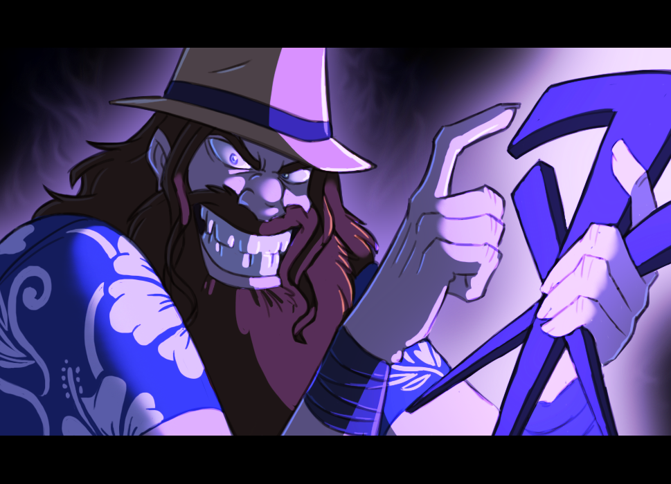 1boy, beard, bray_wyatt, brown_hair, curled_fingers, evil_smile, facial_hair, floral_print_shirt, full_beard, gradient_background, hat, holding, indigo_shirt, long_beard, nadia_fazilla, purple_theme, shirt, smile, wrestling, wwe