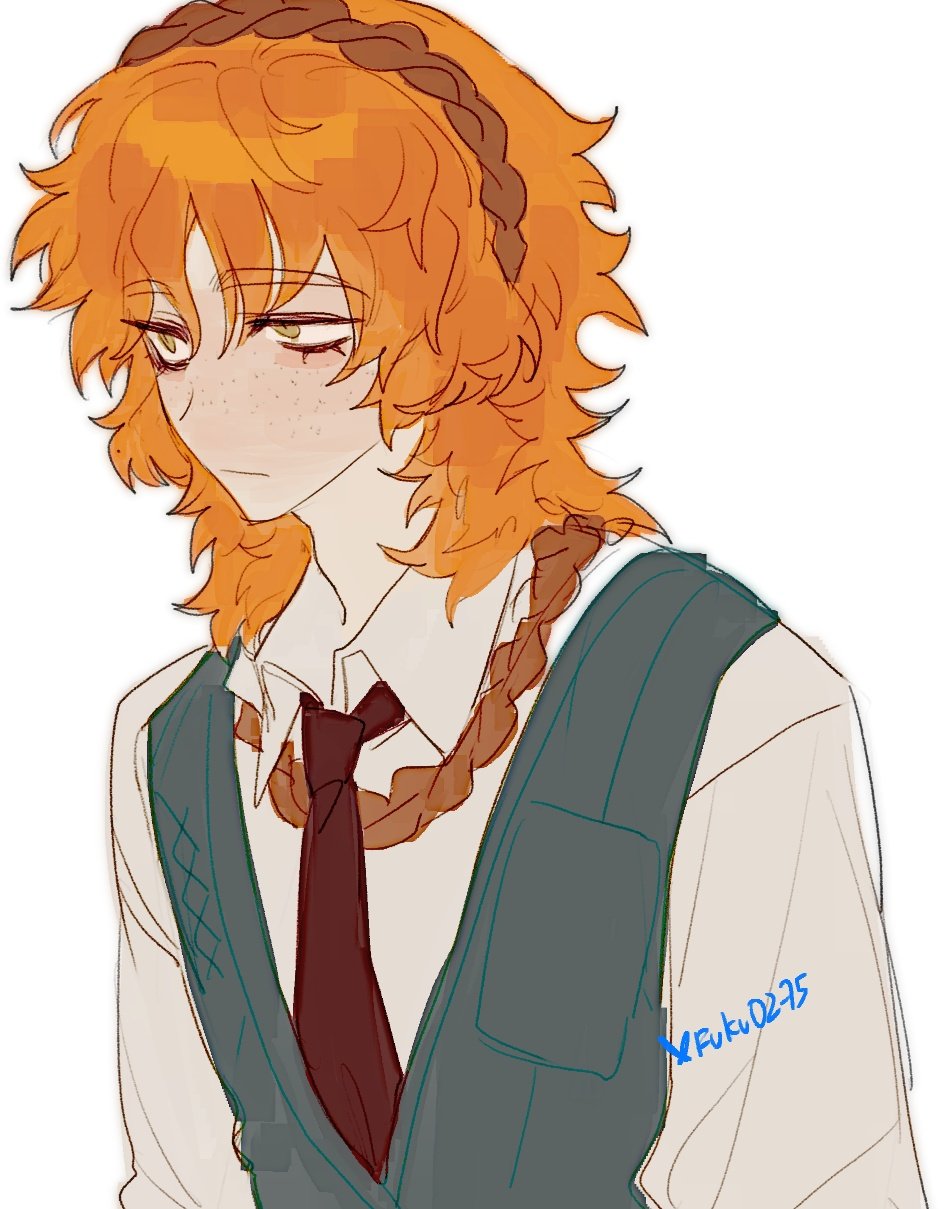 1boy, arms_at_sides, collared_shirt, dress_shirt, freckles, fuku0275, genderswap, genderswap_(ftm), grey_vest, highres, ishmael_(project_moon), limbus_company, male_focus, medium_hair, necktie, orange_hair, project_moon, recursive_genderswap, red_necktie, rope, shirt, solo, upper_body, vest, white_shirt