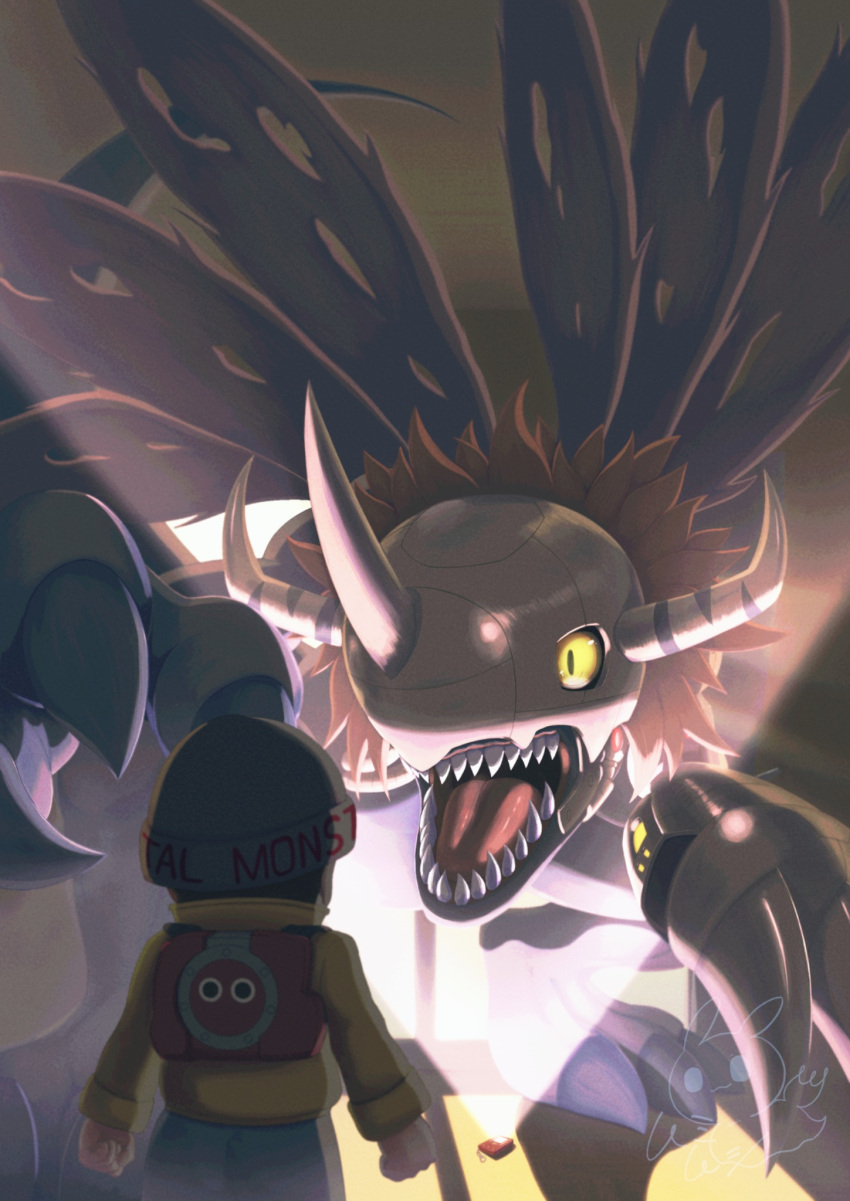 1boy, beanie, cyborg, digimon, digimon_(creature), digimon_world, dinosaur, hat