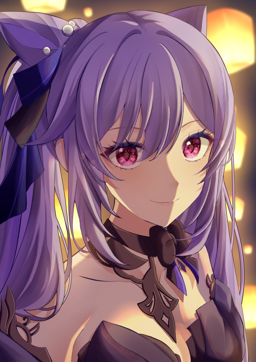 absurdres, cone_hair_bun, diamond-shaped_pupils, diamond_(shape), genshin_impact, hair_bun, hair_ears, highres, keqing_(genshin_impact), keqing_(lantern_rite)_(genshin_impact), off-shoulder_sweater, off_shoulder, purple_hair, purple_sweater, sweater, symbol-shaped_pupils, twintails, violet_eyes, watatai
