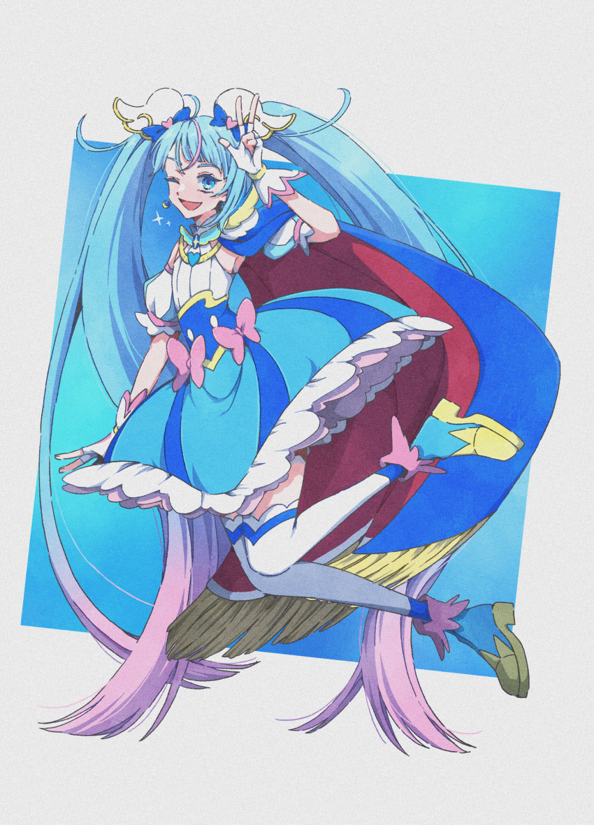 1girl, absurdres, ankle_boots, blue_cape, blue_dress, blue_eyes, blue_footwear, blue_hair