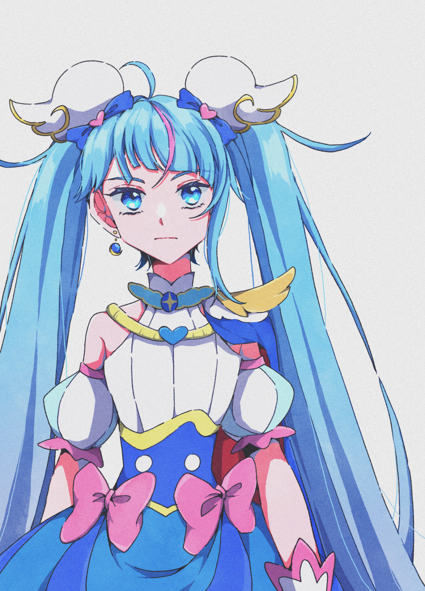 1girl, absurdres, arm_behind_back, blue_cape, blue_dress, blue_eyes, blue_hair, bow, cape, closed_mouth, commentary, cowboy_shot, cure_sky, cut_bangs, detached_sleeves, domidomi444, dress, dress_bow, earrings, frown, gloves, grey_background, highres, hirogaru_sky!_precure, jewelry, long_hair, looking_at_viewer, magical_girl, multicolored_hair, pink_bow, pink_hair, precure, puffy_detached_sleeves, puffy_sleeves, red_cape, simple_background, single_sidelock, sleeveless, sleeveless_dress, solo, sora_harewataru, standing, streaked_hair, twintails, two-sided_cape, two-sided_fabric, two-tone_dress, two-tone_hair, very_long_hair, white_dress, white_gloves, wing_hair_ornament
