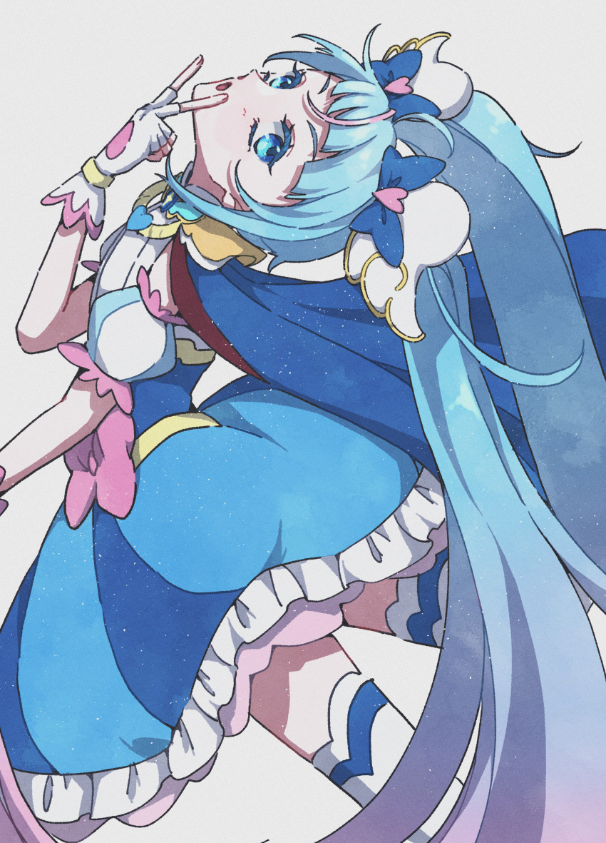 1girl, absurdres, arched_back, blue_cape, blue_dress, blue_eyes, blue_hair, bow