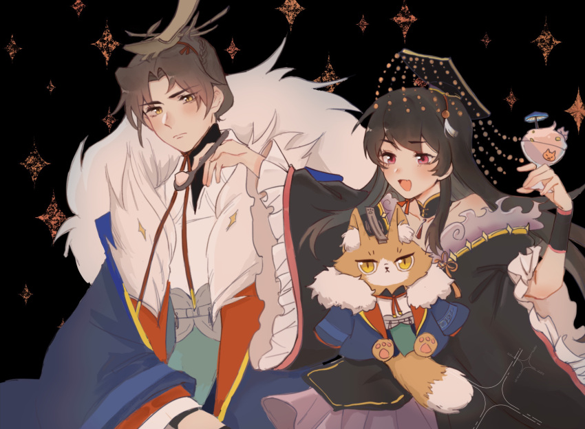 1boy, 1girl, black_background, black_hair, blue_mushroom, brown_hair, chinese_clothes, cup