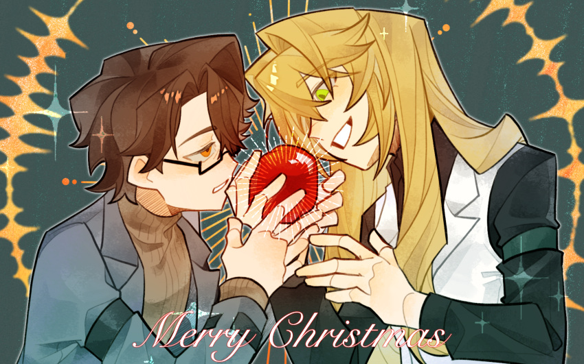 2boys, black_shirt, blonde_hair, brown_eyes, brown_hair, brown_sweater, calx, chinese_commentary