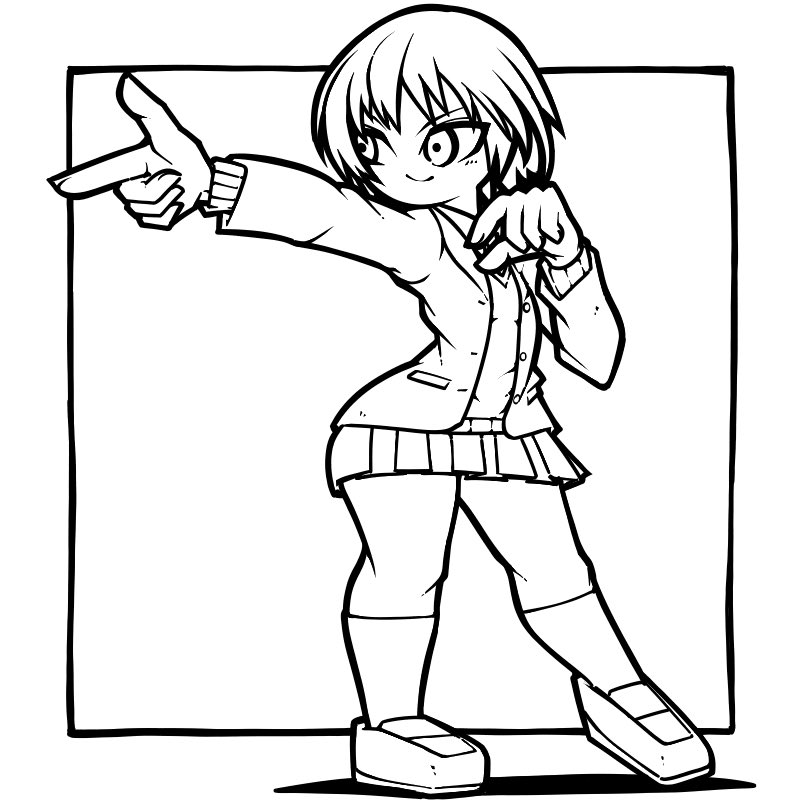 1girl, amagami, closed_mouth, full_body, hand_up, jacket, kibito_high_school_uniform, kneehighs, lineart, long_sleeves, miniskirt, monochrome, name_omoitukan2, nanasaki_ai, open_clothes, open_jacket, outstretched_arm, pleated_skirt, school_uniform, shoes, short_hair, skirt, smile, socks, solo, thick_lineart