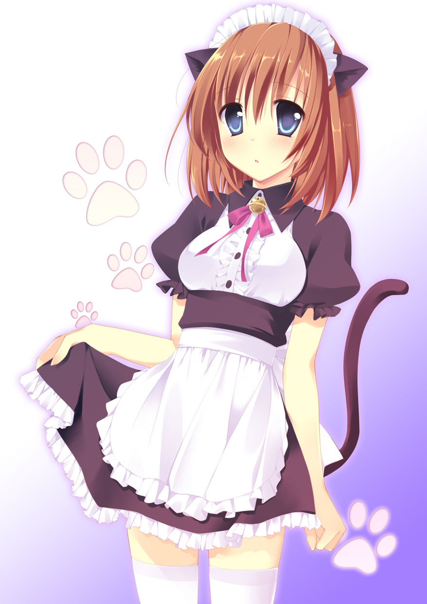 apron, blue_eyes, brown_hair, cat_ears, cat_tail, chany, headdress, highres
