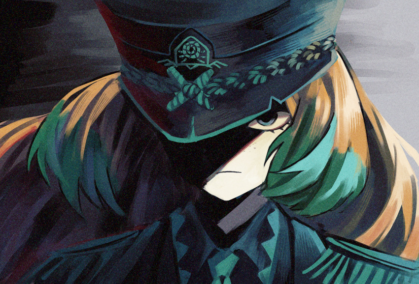 1girl, aqua_eyes, black_shirt, blind_obsession_(e.g.o), closed_mouth, collared_shirt, colored_tips, e.g.o_(project_moon), epaulettes, freckles, gradient_background, green_hair, grey_background, hat, highres, ishmael_(project_moon), kitaku_(ienikaeru), lapels, limbus_company, long_hair, multicolored_hair, orange_hair, peaked_cap, portrait, project_moon, serious, shaded_face, shirt, solo
