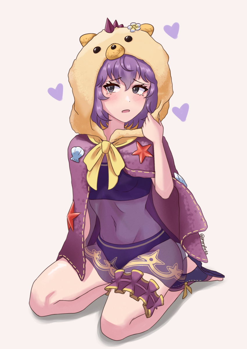 1girl, absurdres, adjusting_hood, angryforks, animal_hood, bear_hood, bernadetta_von_varley, bernadetta_von_varley_(summer), bikini, bow, bridal_garter, cape, fire_emblem, fire_emblem:_three_houses, fire_emblem_heroes, furrowed_brow, grey_eyes, hair_between_eyes, heart, highres, hood, hooded_cape, looking_to_the_side, navel, official_alternate_costume, open_mouth, purple_bikini, purple_cape, purple_hair, sandals, seashell, see-through_clothes, shell, simple_background, sitting, solo, starfish, swimsuit, thighs, toeless_footwear, wariza, white_background, yellow_bow