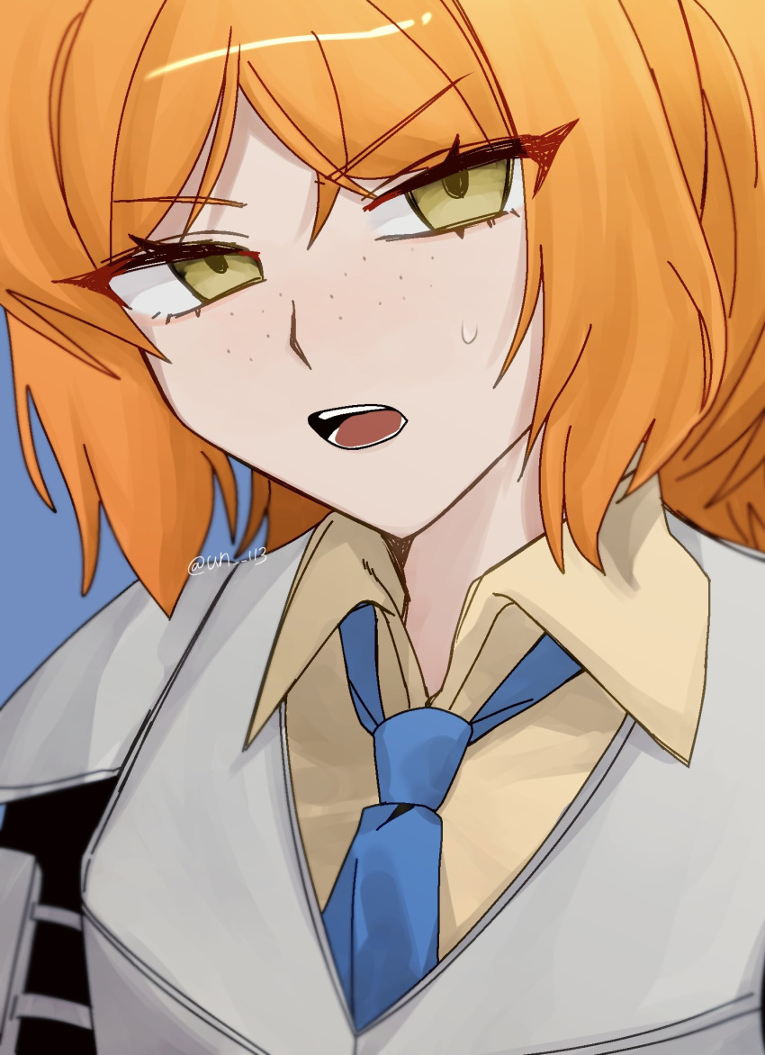 1girl, armor, blue_background, blue_necktie, collared_shirt, freckles, green_eyes, highres