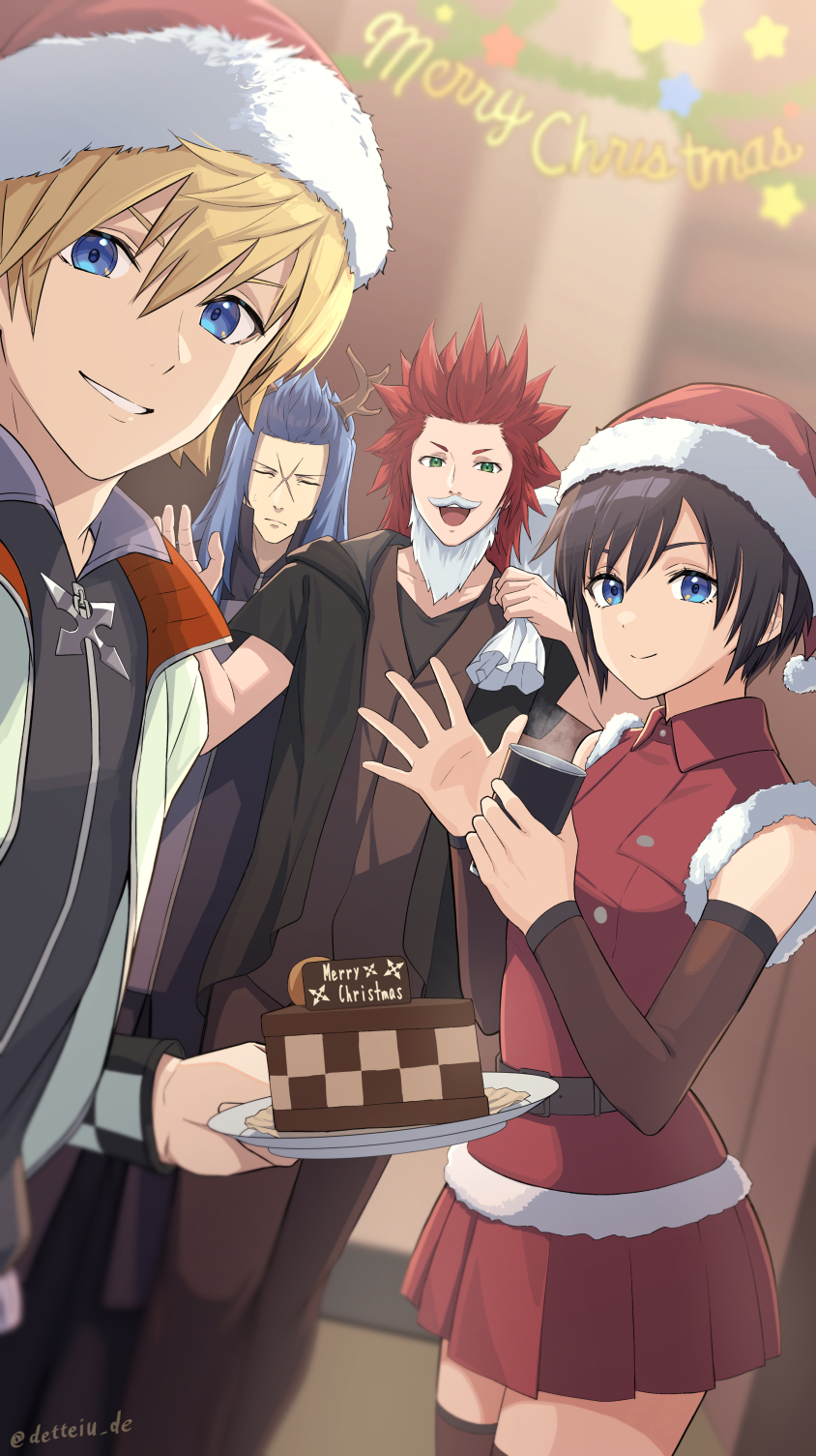 1girl, 3boys, alternate_costume, black_hair, blonde_hair, blue_eyes, blue_hair, christmas