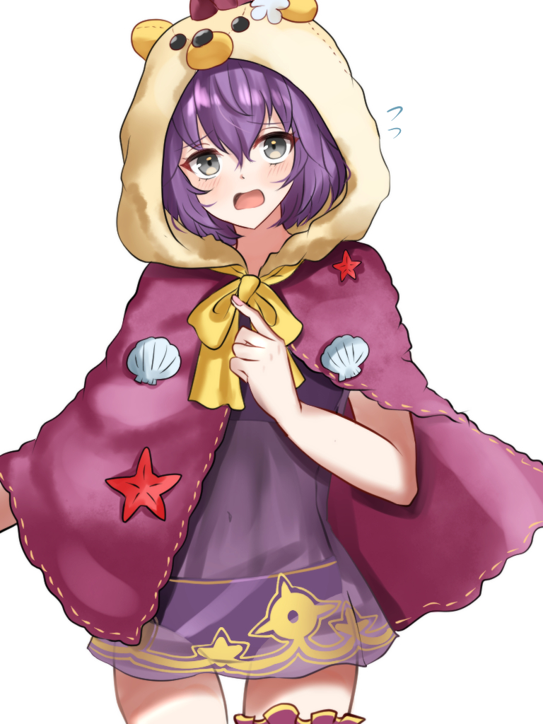1girl, animal_hood, bear_hood, bernadetta_von_varley, bernadetta_von_varley_(summer), bikini, bow, bridal_garter, cape, fire_emblem, fire_emblem:_three_houses, fire_emblem_heroes, flying_sweatdrops, furrowed_brow, grey_eyes, hair_between_eyes, hood, hooded_cape, light_blush, looking_at_viewer, nail_polish, navel, official_alternate_costume, open_mouth, pink_nails, pointing, pointing_at_self, purple_bikini, purple_cape, purple_hair, seashell, see-through_clothes, shell, simple_background, solo, starfish, swimsuit, thighs, white_background, yellow_bow, yukichi_(yukichi_rururu)