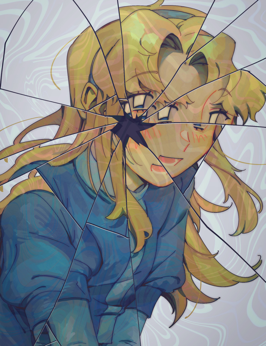 1girl, blonde_hair, blue_dress, blue_eyes, blue_hairband, broken_glass, commentary, cracked