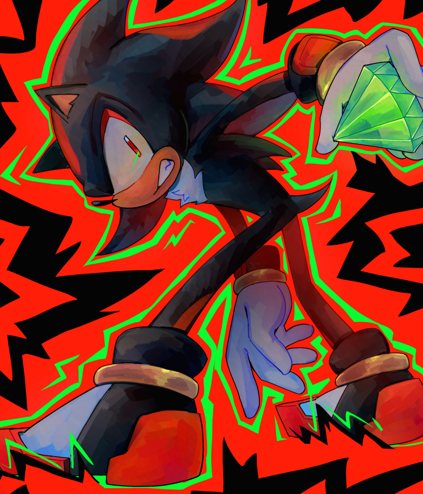 1boy, black_background, chaos_emerald, clenched_teeth, commentary, english_commentary, from_behind, gem