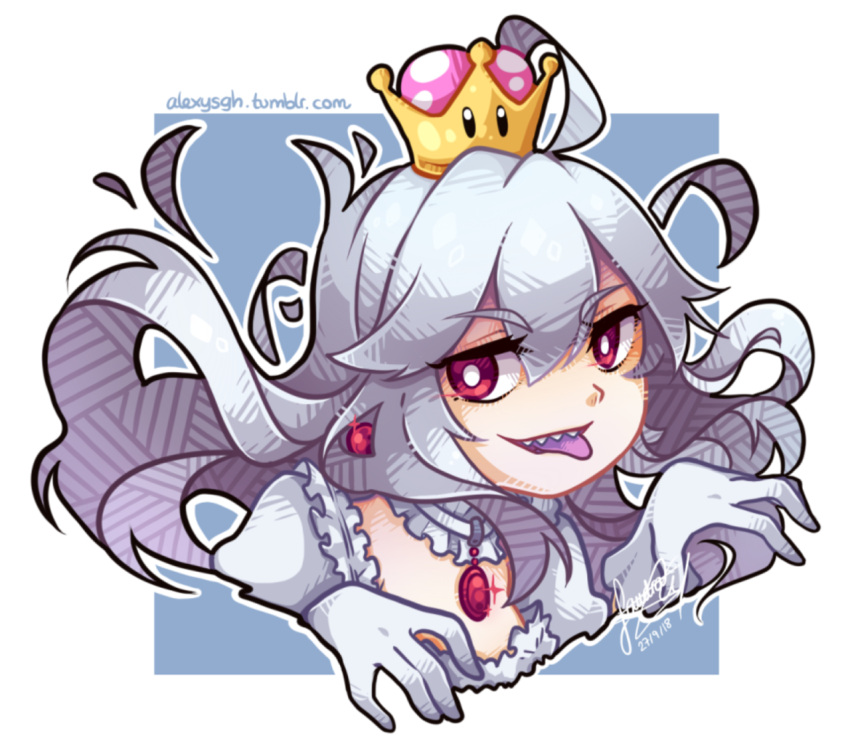 1girl, close-up, collar, collar_jewel, colored_tongue, commentary, crown, dated