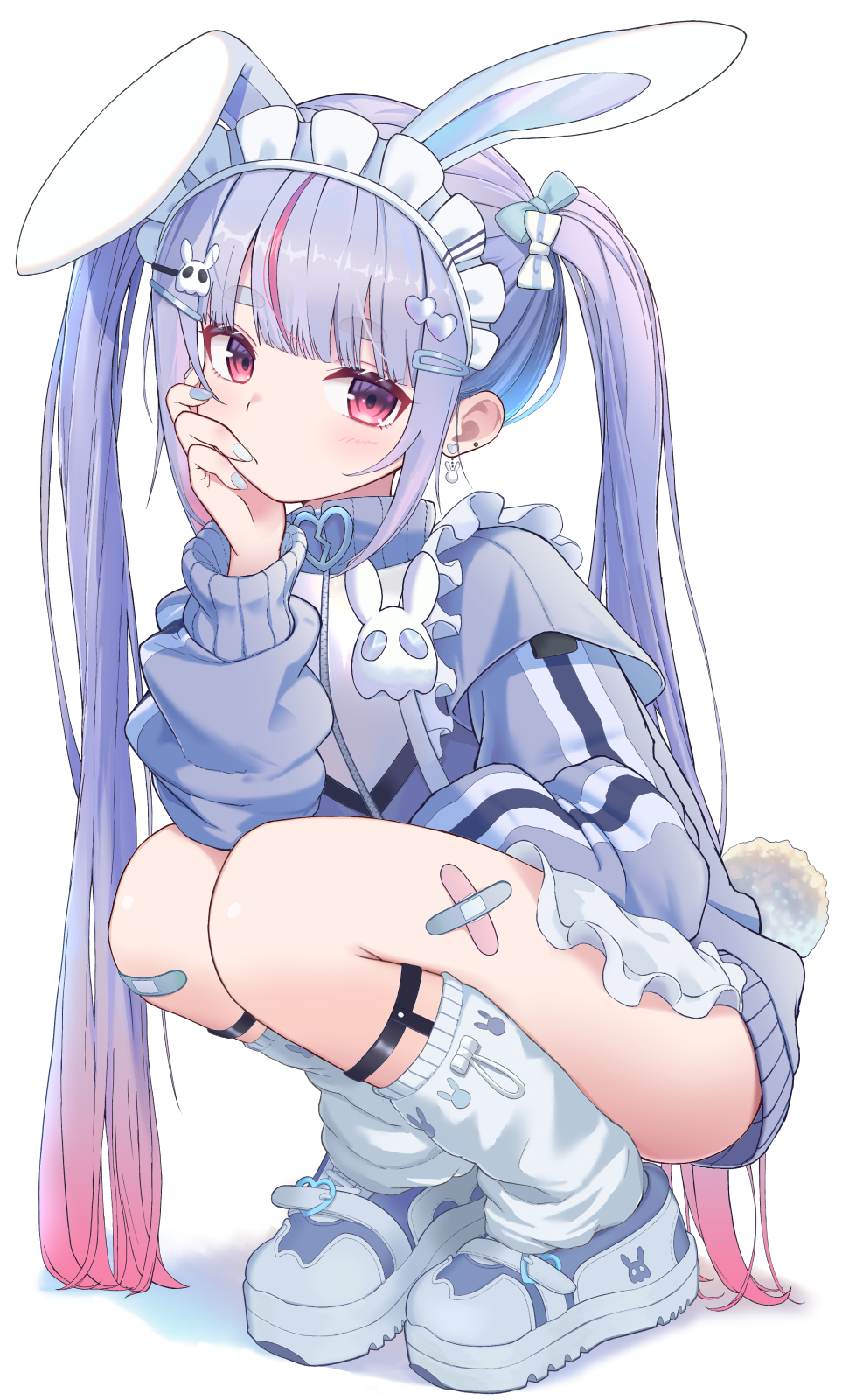 1girl, :/, animal_ears, apron, bandaid, bandaid_on_knee, bandaid_on_leg, blue_bow