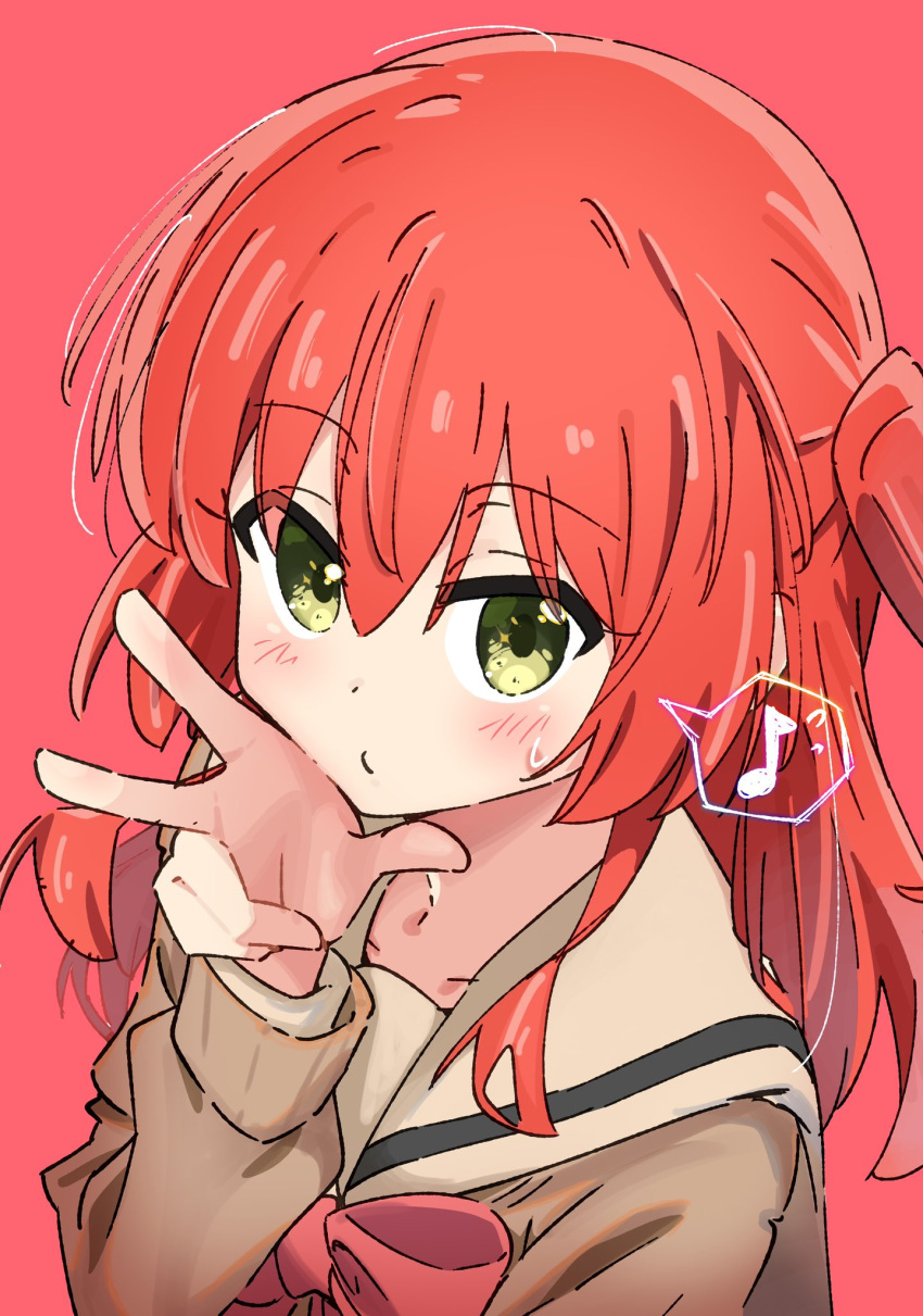 1girl, bocchi_the_rock!, eighth_note, green_eyes, highres, kita_ikuyo, looking_at_viewer, musical_note
