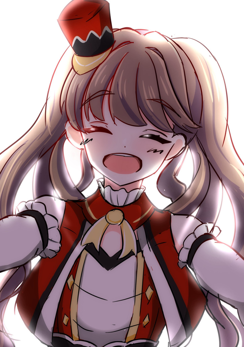 1girl, :d, ^_^, backlighting, blush, brown_hair, closed_eyes, commentary_request, daime_(hyahhaa10), elbow_gloves, facing_viewer, frilled_gloves, frills, fujishima_megumi, gloves, hat, highres, key_of_like!, link!_like!_love_live!, long_hair, love_live!, mini_hat, mini_shako_cap, official_alternate_costume, official_alternate_hairstyle, open_clothes, open_mouth, open_vest, red_hat, red_vest, shako_cap, simple_background, smile, solo, teeth, twintails, upper_body, upper_teeth_only, vest, virtual_youtuber, white_background, white_gloves
