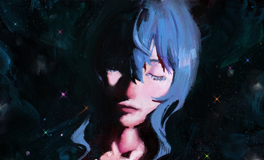 1girl, abstract_background, blue_hair, commentary, cursedweeboo, dark, hair_between_eyes, highres, hololive, hoshimachi_suisei, impressionism, long_hair, portrait, solo, star_(sky)