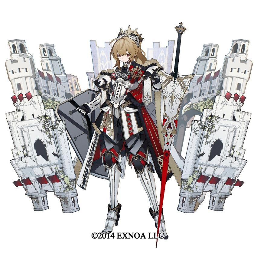 1girl, armor, blonde_hair, boots, character_request, crown, high_heel_boots, high_heels, lance, oshiro_project:re, polearm, red_eyes, shiba_(s_hi_ba_), shield, solo, weapon