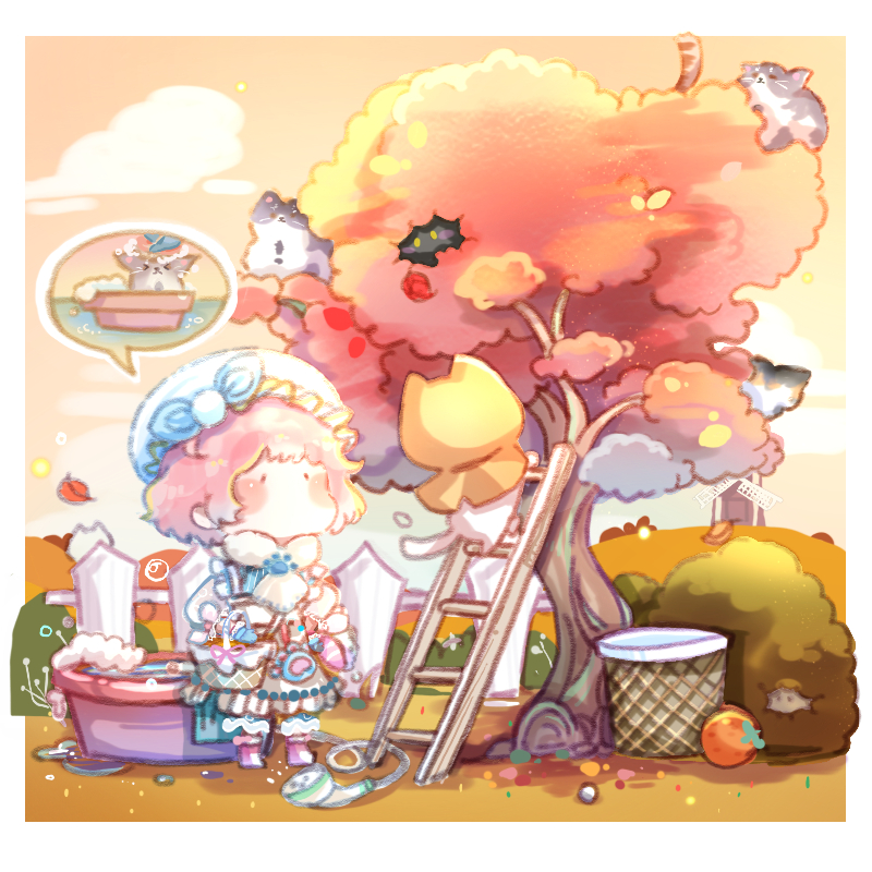 1girl, animal, apron, ascot, autumn, autumn_leaves, basket, black_eyes