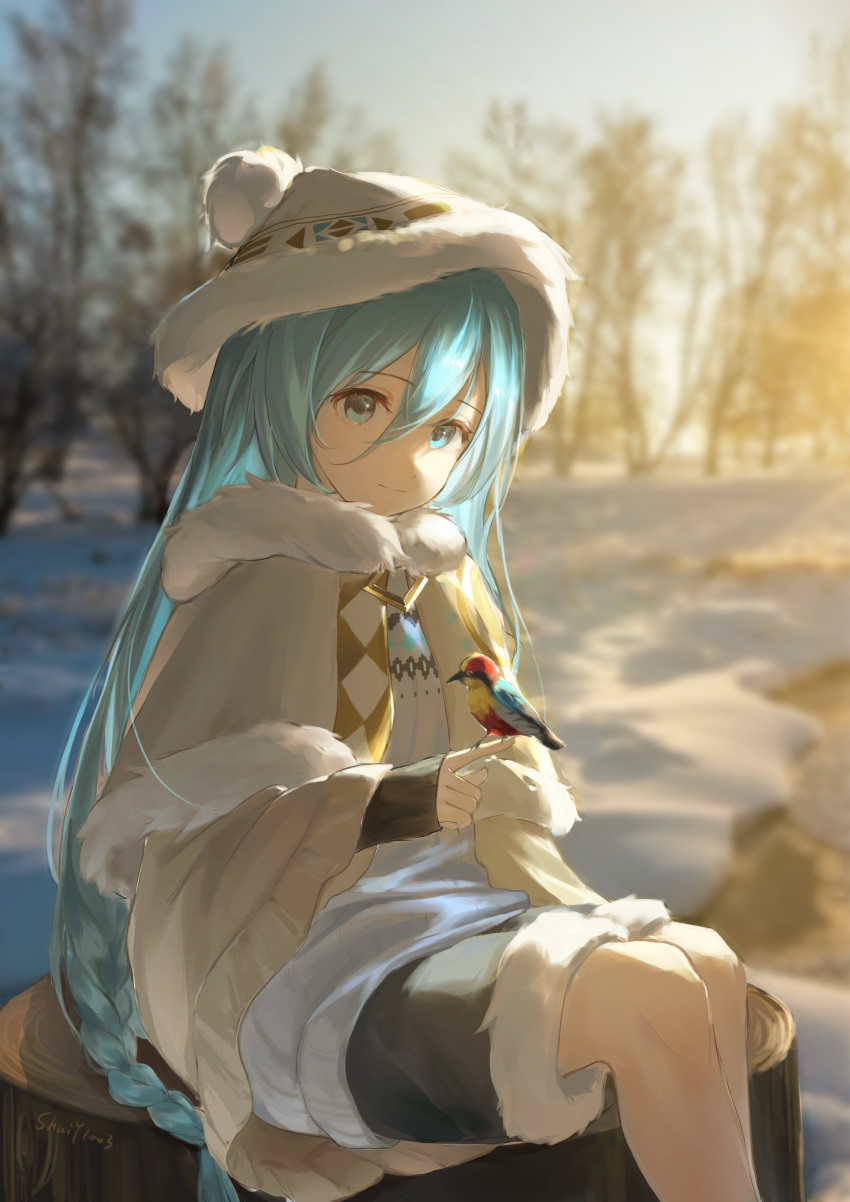 1girl, 37_(reverse:1999), absurdres, beanie, bird, bird_on_hand, black_skirt, blue_eyes