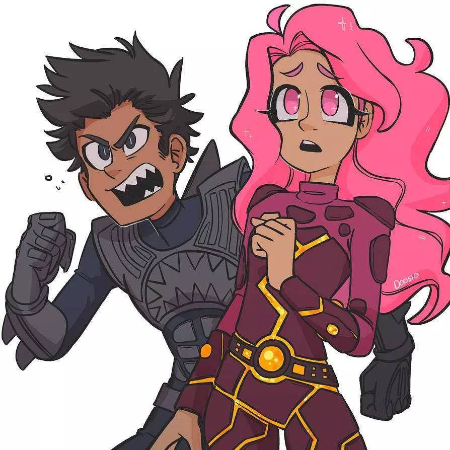 1boy, 1girl, animification, belt, black_belt, black_bodysuit, black_eyes, black_hair