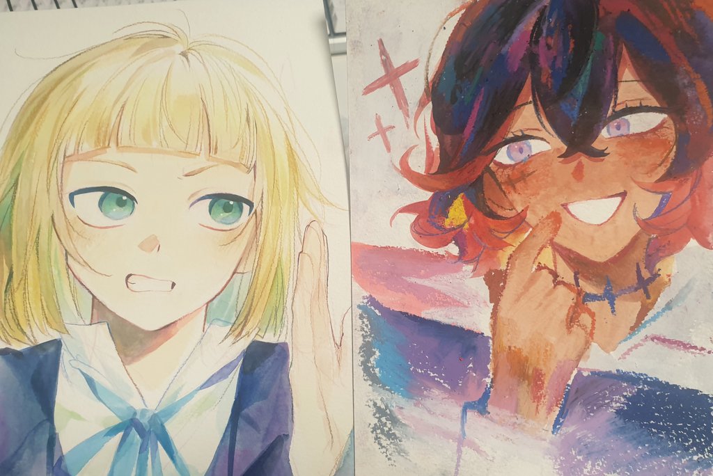 2boys, black_hair, blonde_hair, blue_ribbon, blunt_ends, campanella_demillion, clenched_teeth, collared_shirt