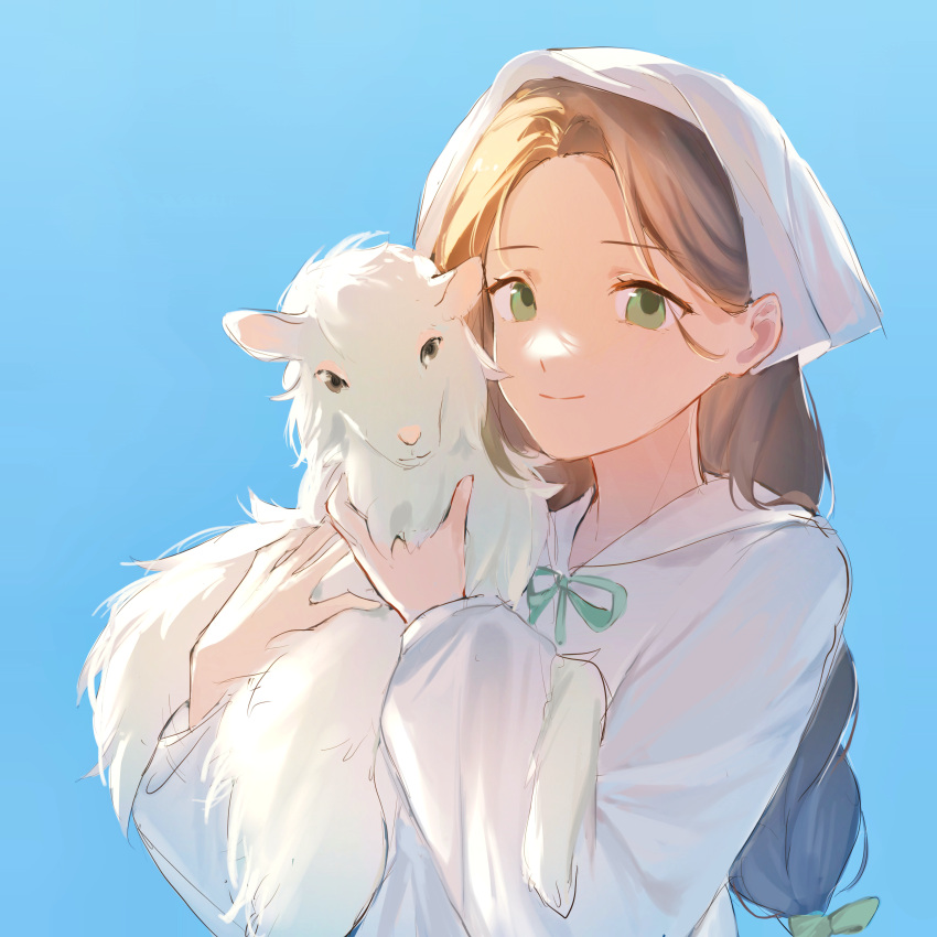 1girl, absurdres, animal, blue_background, brown_hair, closed_mouth, green_eyes, green_ribbon