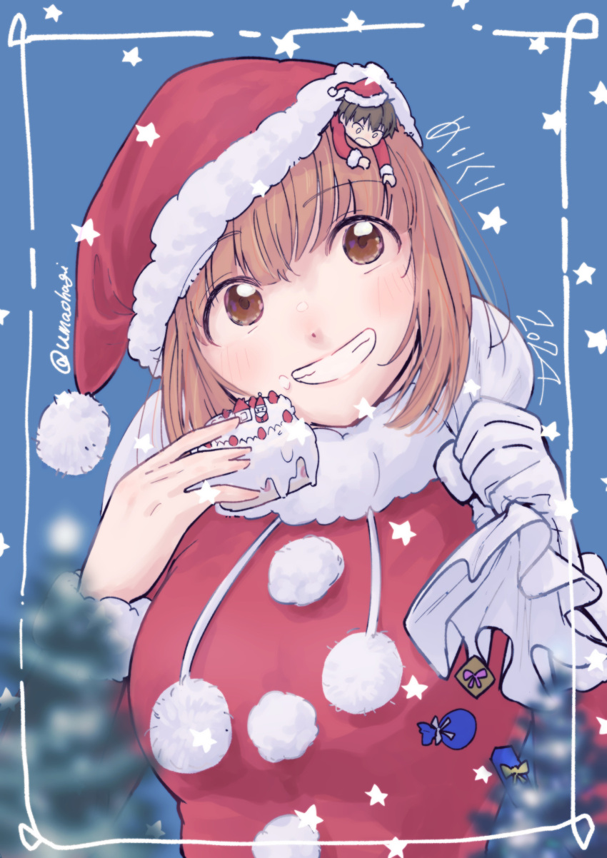 1boy, 1girl, 2024, absurdres, blue_background, box, brown_eyes, brown_hair