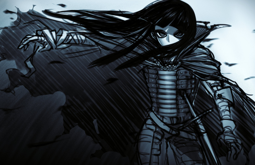 1girl, absurdres, alucard_(hellsing), arm_up, armor, bandaged_arm, bandages, belt, black_hair, blue_theme, blunt_bangs, cape, collared_cape, covered_mouth, cowboy_shot, facing_viewer, fei_(bell_fei), girlycard, hashtag-only_commentary, hellsing, high_collar, highres, long_hair, looking_at_viewer, loose_bandages, monochrome, outstretched_arm, ringed_eyes, scabbard, sheath, sheathed, sketch, solo, sword, torn_cape, torn_clothes, vlad_tepes_(hellsing), weapon