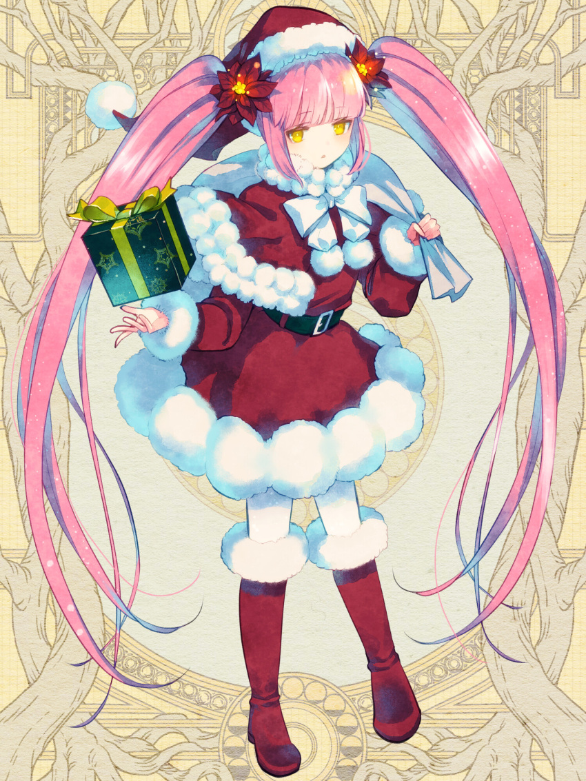 1girl, belt, bow, coat, dairoku_ryouhei, flower, full_body, gift