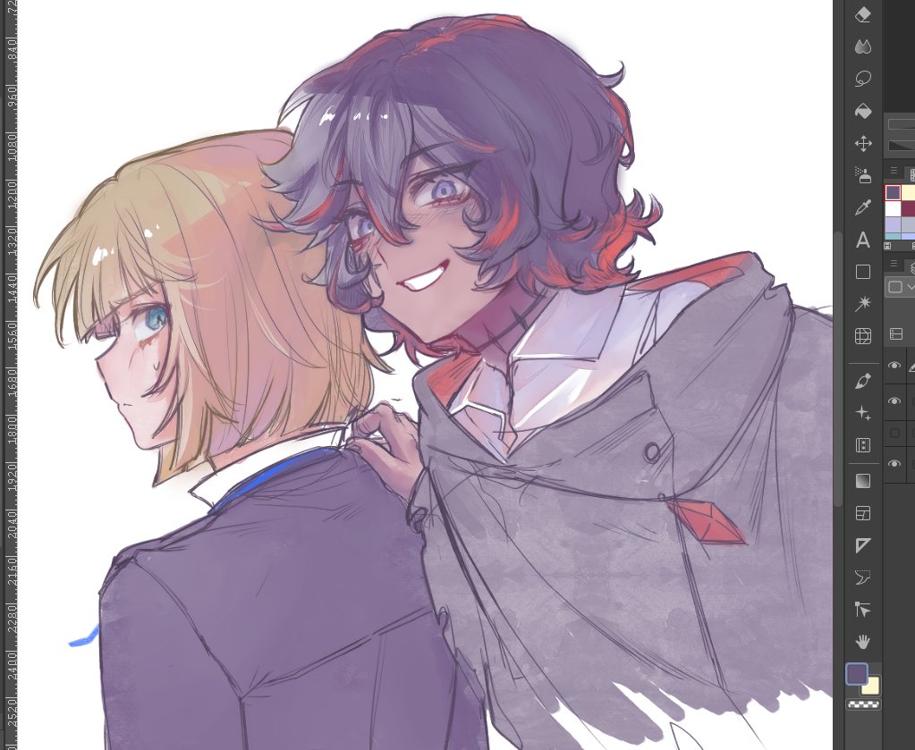 2boys, art_program_in_frame, black_cloak, black_hair, black_jacket, blonde_hair, blue_eyes, blunt_bangs