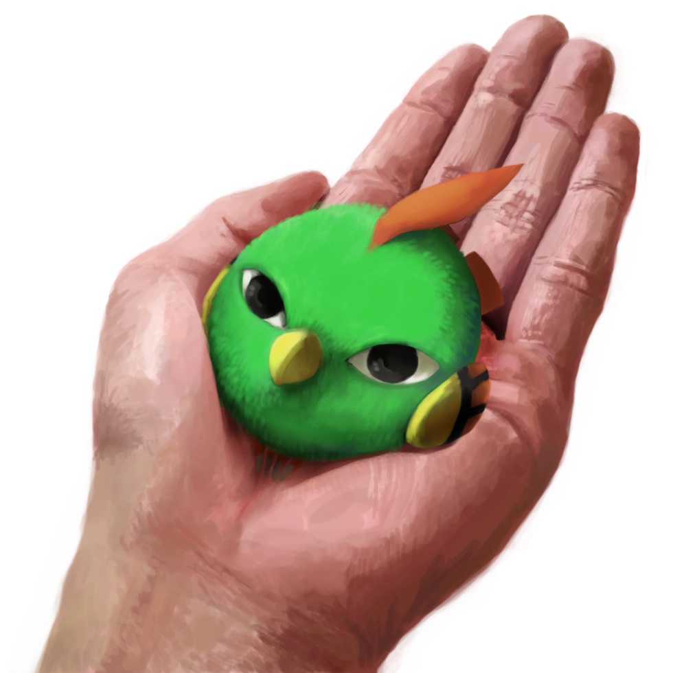 <o>_<o>, 1other, ambiguous_gender, bird, commentary_request, coube, green_bird, holding, holding_pokemon, in_palm, looking_at_viewer, natu, out_of_frame, pokemon, pokemon_(creature), simple_background, white_background