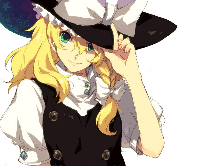 adjusting_hat, blonde_hair, blue_eyes, bow, braid, bust, buttons, ebira, green_eyes, hand_on_hat, hat, hat_tip, kirisame_marisa, light_smile, lips, smile, solo, touhou, touhou_project_1000_users
