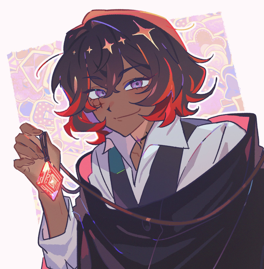 1boy, black_cloak, black_hair, black_vest, campanella_demillion, cloak, closed_mouth, collared_shirt