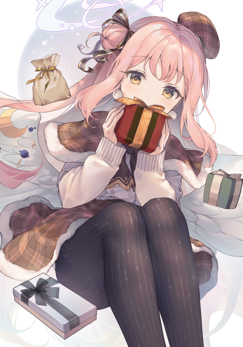 1girl, alternate_costume, angel_wings, black_pantyhose, black_ribbon, blue_archive, brown_capelet, brown_hat