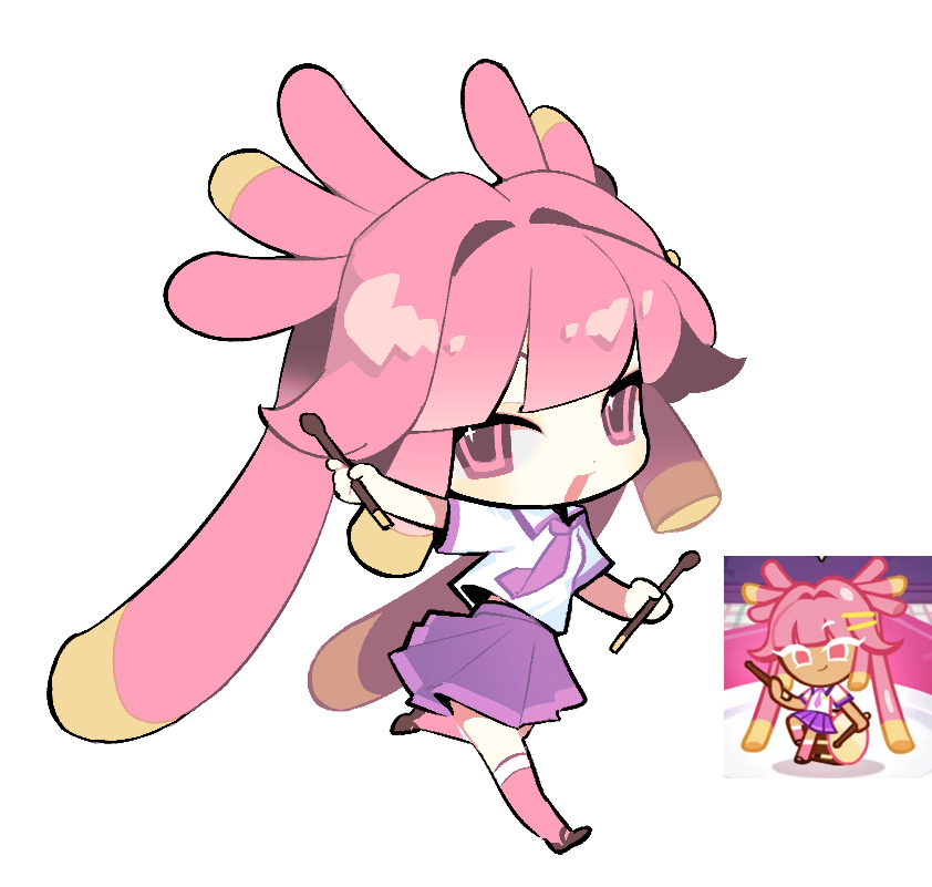 1girl, chibi, chibi_only, chinese_commentary, commentary_request, cookie_run, drumsticks, holding, holding_drumsticks, humanization, long_hair, looking_at_viewer, official_art_inset, open_mouth, pink_eyes, pink_hair, reference_inset, simple_background, skirt, smile, solo, strawberry_stick_cookie, weimingnimoyin, white_background