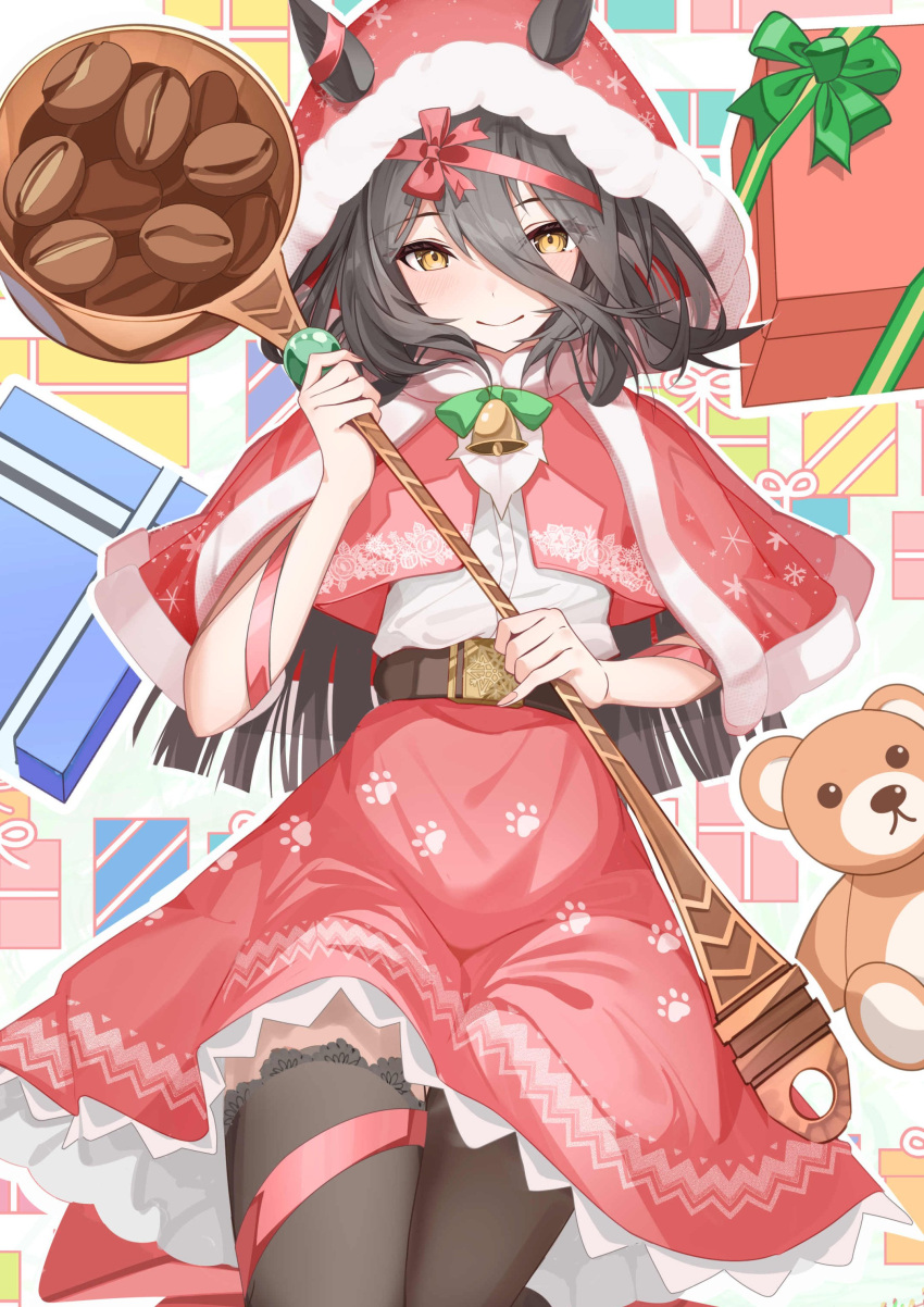 1girl, absurdres, belt, black_belt, black_thighhighs, box, capelet, closed_mouth