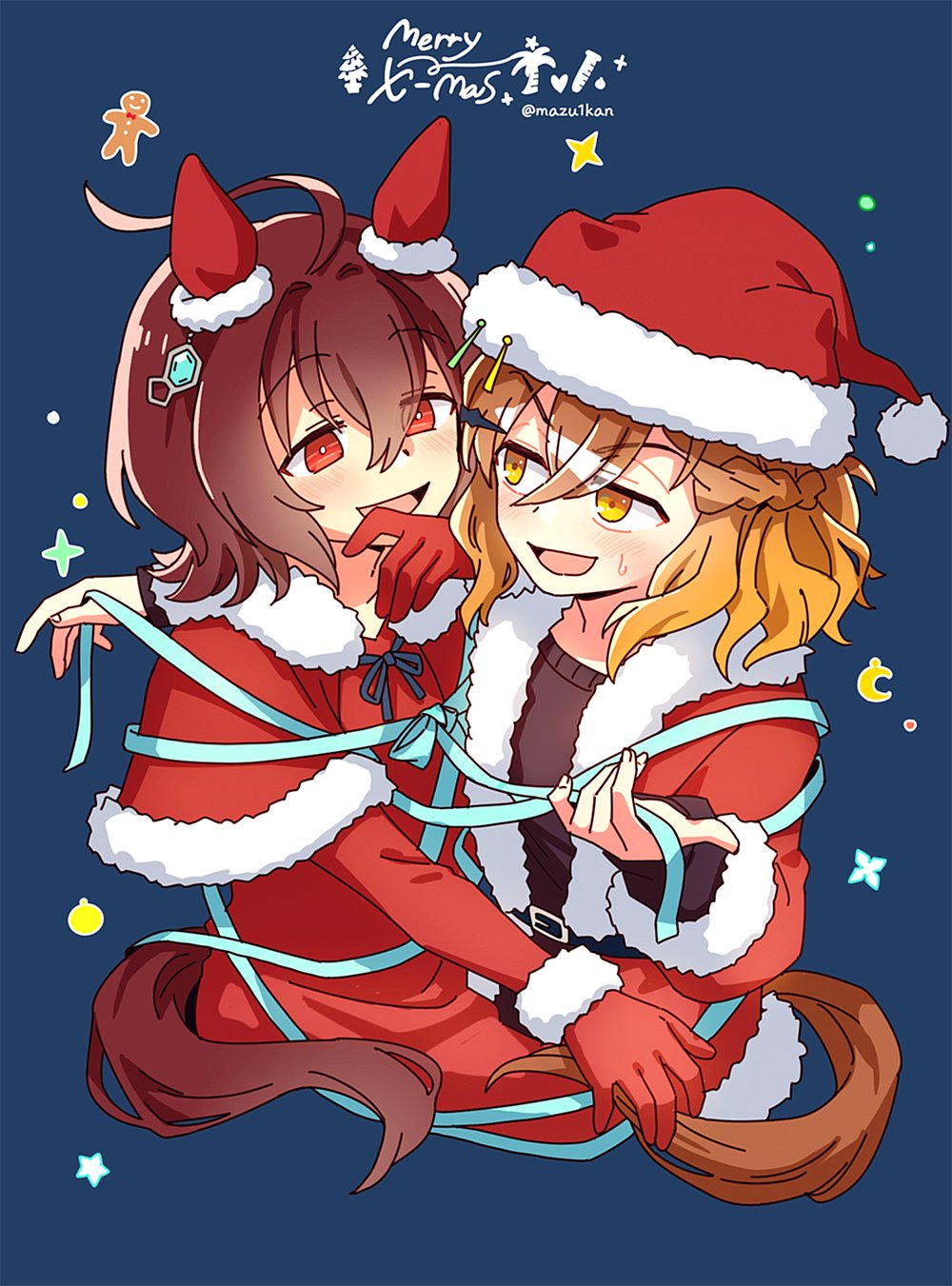 2girls, agnes_tachyon_(umamusume), ahoge, animal_ears, black_shirt, blue_background, brown_hair, capelet