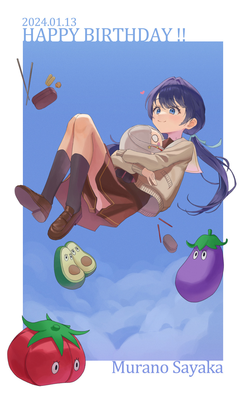 1girl, absurdres, avocado, black_socks, blue_eyes, blue_hair, border, brown_dress
