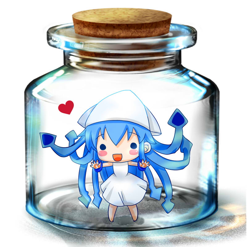 3d, blue_hair, bottle, bottle_meme_(pixiv), chibi, dress, girl_in_a_bottle, hat