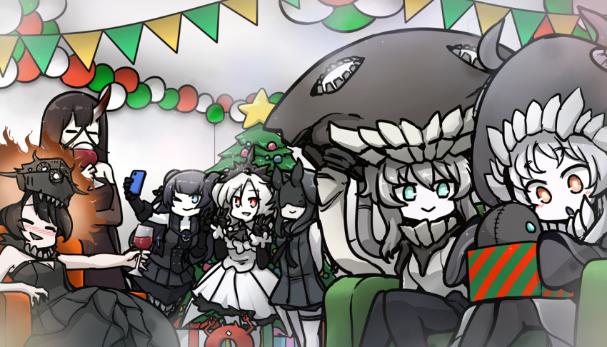 6+girls, abyssal_ship, alcohol, battleship_water_oni, black_hair, box, christmas, christmas_tree