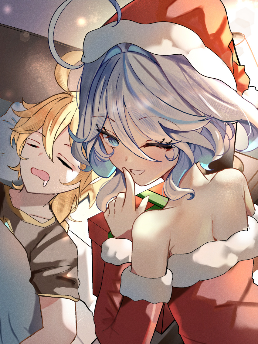 1boy, 1girl, absurdres, aether_(genshin_impact), ahoge, arm_warmers, back, bare_shoulders, bimmy, blonde_hair, blue_eyes, blue_hair, box, dress, drooling, finger_to_mouth, fur-trimmed_arm_warmers, fur-trimmed_dress, fur_trim, furina_(genshin_impact), genshin_impact, gift, gift_box, hat, highres, indoors, looking_at_viewer, multicolored_hair, one_eye_closed, open_mouth, red_dress, santa_costume, santa_hat, shushing, sleeping, smile, strapless, strapless_dress, teeth, two-tone_hair, white_hair