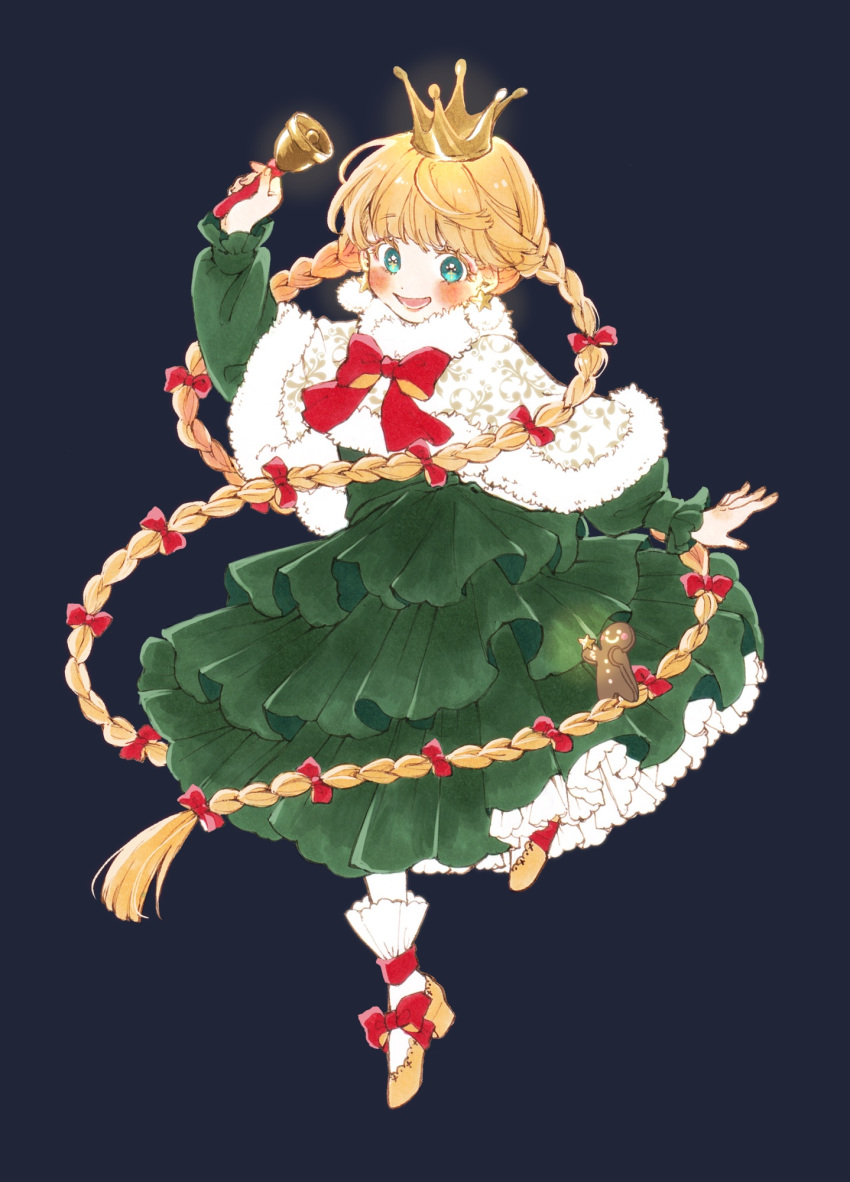 1girl, :d, absurdly_long_hair, ankle_socks, bell, blonde_hair, blush, bow