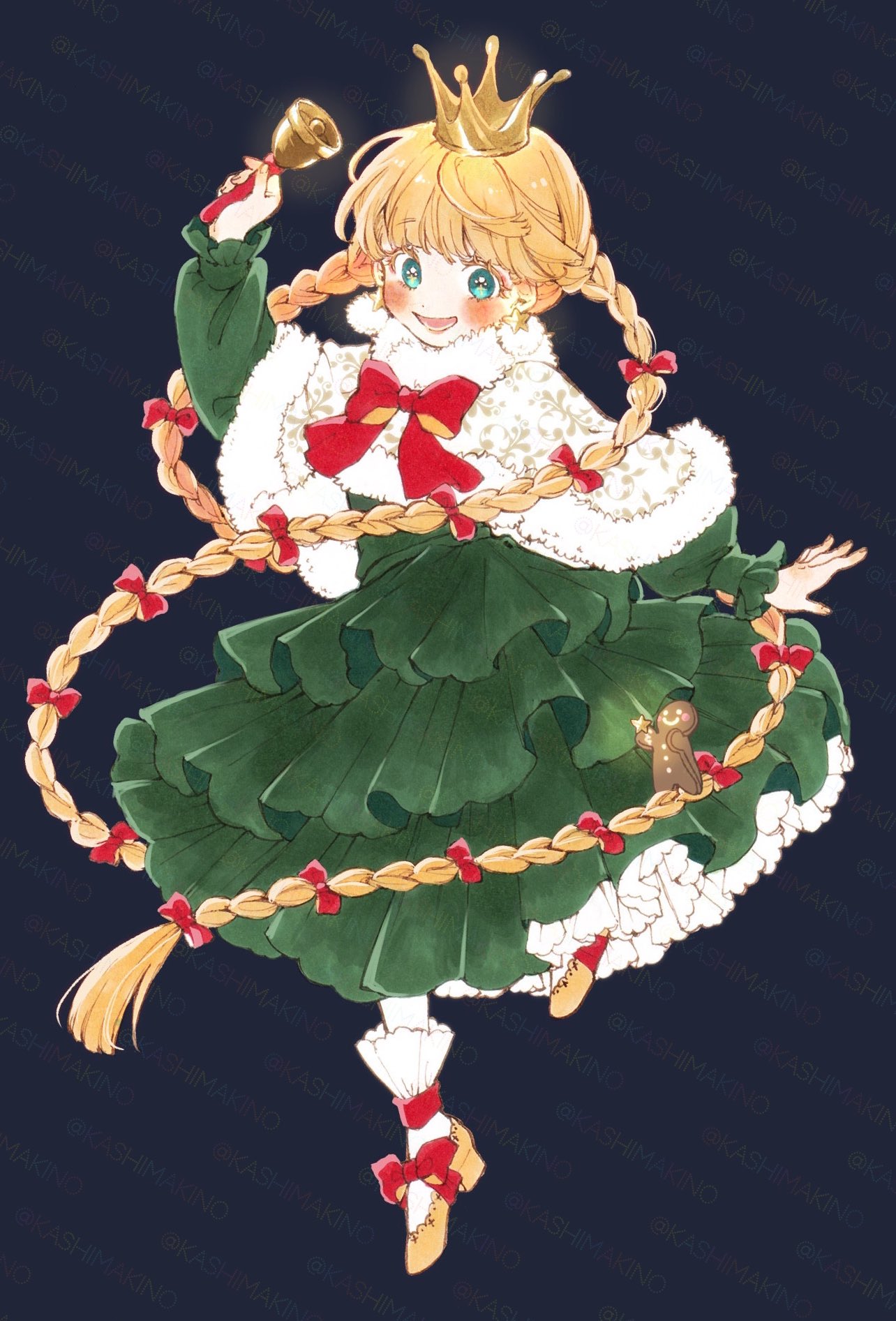 1girl, :d, absurdly_long_hair, ankle_socks, artist_name, bell, blonde_hair, blush, bow, braid, capelet, child, commentary, crown, dress, earrings, frilled_dress, frills, full_body, fur-trimmed_capelet, fur_trim, gingerbread_man, gold_crown, green_dress, green_eyes, grey_background, hair_bow, high_heels, highres, holding, holding_bell, jewelry, kashima_kino, long_dress, long_hair, long_sleeves, looking_at_viewer, lower_teeth_only, open_mouth, original, pointed_crown, red_bow, smile, socks, solo, star_(symbol), star_earrings, symbol-only_commentary, teeth, twin_braids, twintails, twitter_username, very_long_hair, watermark, white_capelet, white_petticoat, white_socks, yellow_footwear