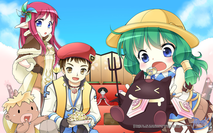 2boys, 2girls, :o, arch_bishop_(ragnarok_online), beret, black_gloves, blonde_hair, blue_coat