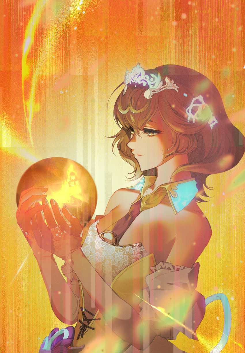 1girl, bare_shoulders, black_necktie, bridal_gauntlets, brown_hair, detached_collar, detached_sleeves, dress