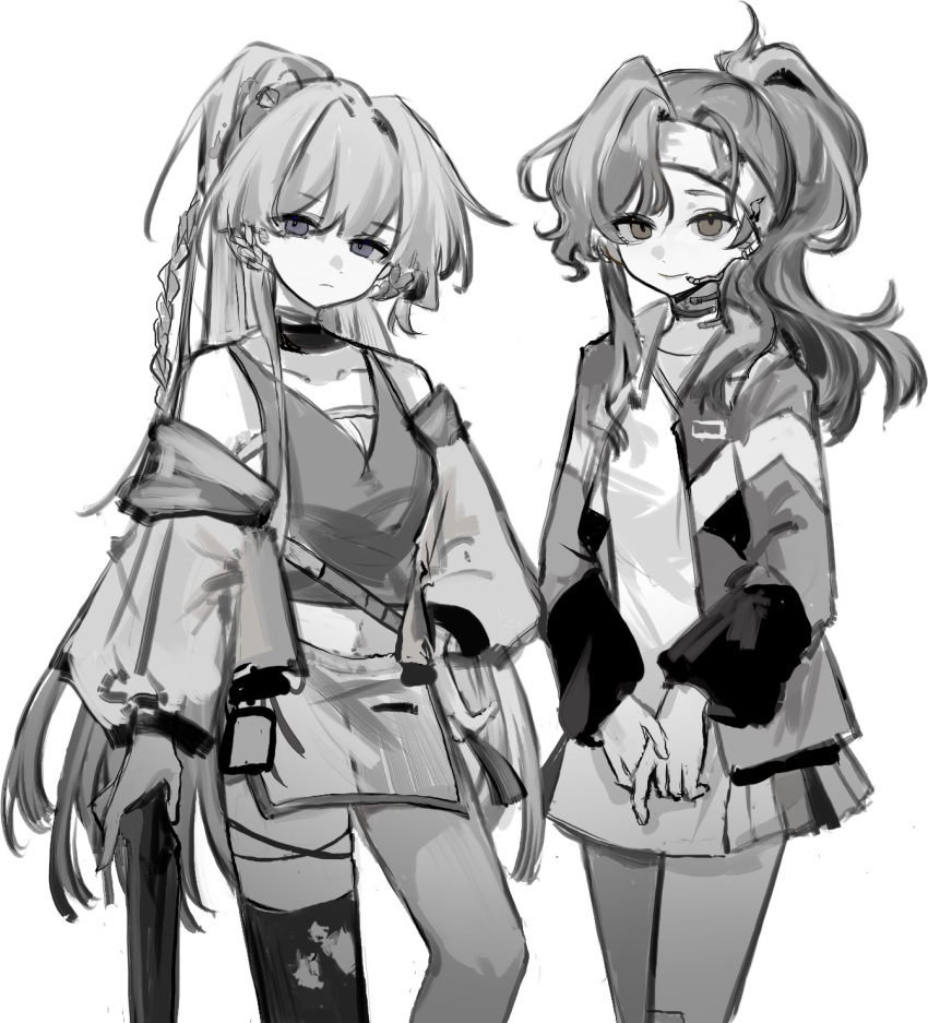 2girls, bare_shoulders, cowboy_shot, dikke_(reverse:1999), dikke_(the_pointy_end_up)_(reverse:1999), dress, greyscale, headband