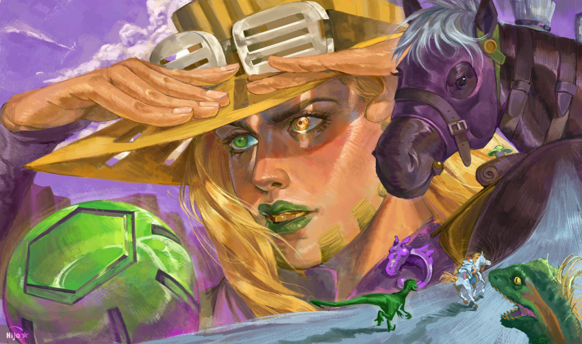 2boys, absurdres, blonde_hair, clouds, dinosaur, goggles, goggles_on_headwear, gold_teeth